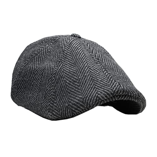 The Original Boston Scally Cap - The Peaky Newsboy Flat Cap - 6 Panel Cotton Fitted Hat for Men - Grey Herringbone - XXXL