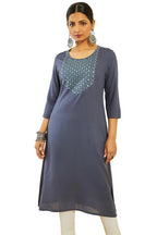 Soch Womens Dark Grey Rayon Floral Embroidered Round-Neck Straight Kurta