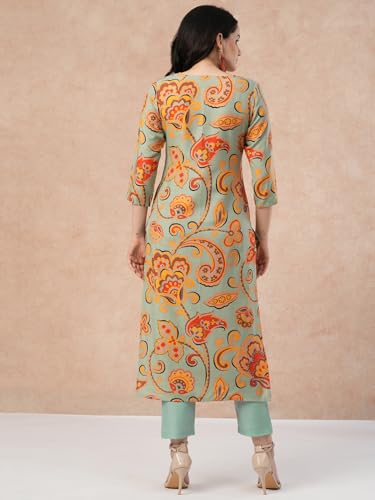 ANNI DESIGNER Womens Cotton Blend Regular Fit Straight Printed Kurta With Pant (Tinka Pista_S_Pista_Small)