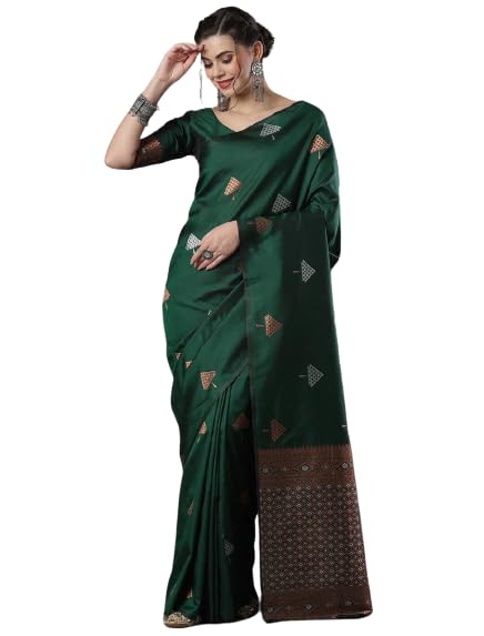Flosive Woven Beautiful Mix Color Kanjivaram Silk Saree With Zari Weaving (GREEN)