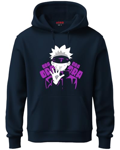 ADRO Mens Hoodies with Jujutsu Kaisen ORA ORA Anime Printed, 100% Cotton 340GSM. (H23-M-ORA-NB_Navy_XL)