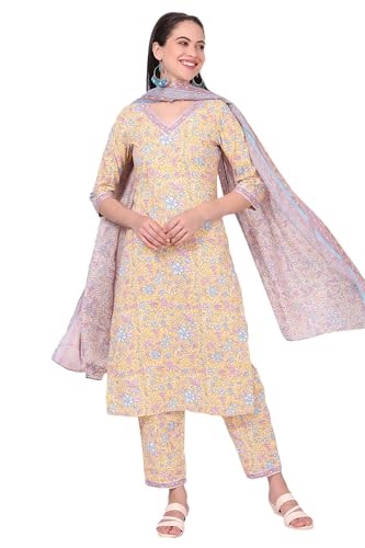 Aurelia WomenS Floral Printed Straight Pure Cotton Yellow Kurta, Pants And Dupatta Set (Size: 2Xl)-As16042-509464