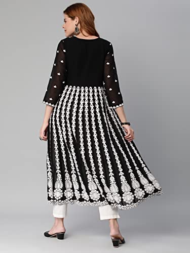 ANNI DESIGNER Womens Georgette Chikankari Embroidered Anarkali Kurti (KARI BLACK-SM_L_Black_Large)