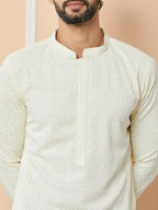 See Designs MenS Long Sleeve Mandarin Collar Side Slit Cream Embroidered Chikankari Rayon Straight Kurta With Pyjama - Sdkt2563