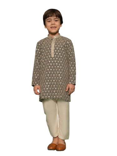 VASTRAMAY Boys Embroidered Kurta Pant Set with Gold-Trimmed Placket and Loafers Festive & Ethnic Wear