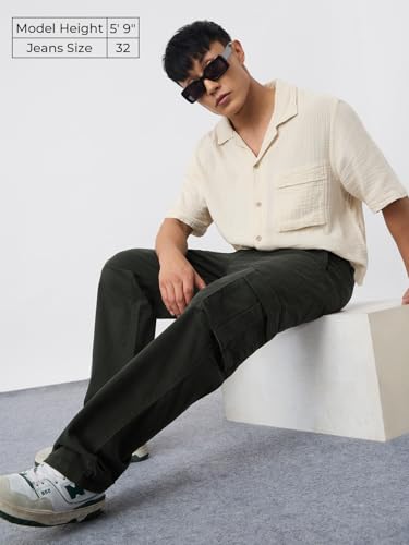 The Souled Store Cargo Jeans: Dark Moss Men and Boys Buttoned Cotton Blend Straight Fit Cargo Jeans