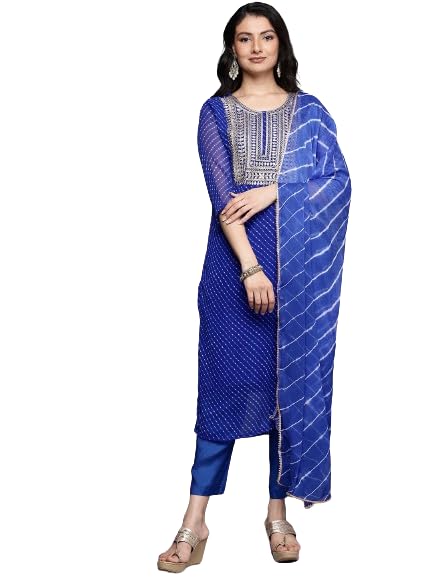 Varanga Women Navy Blue Bandhani Zari Emboridered Kurta Set With Dupatta