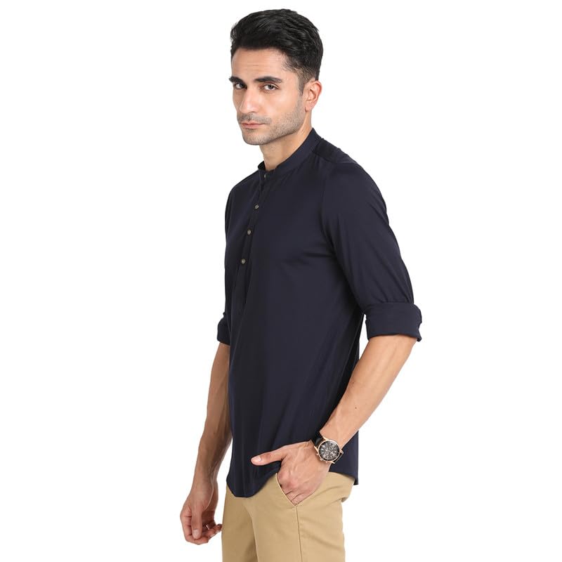 Turtle Men Cotton Knitted Solid Slim Fit Navy Casual Kurta