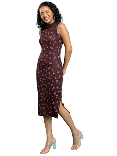 Ketch WomenS Cotton Blend Mock Neck Split Thigh Midi Dress Knee-Length Khj6000548_Maroon Multi
