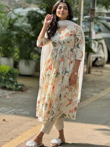 ANNI DESIGNER Womens Rayon Blend Printed Anarkali Kurta with Pant & Dupatta (Sudan Cream_M_Cream_Medium)