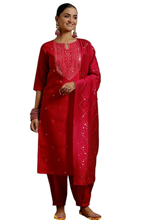 Libas Womens Embroidered Silk Blend Straight Kurta With Salwar And Dupatta