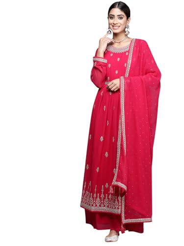 Libas Womens Embroidered Georgette A-Line Kurta With Palazzos And Dupatta