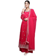 Libas Womens Embroidered Georgette A-Line Kurta With Palazzos And Dupatta