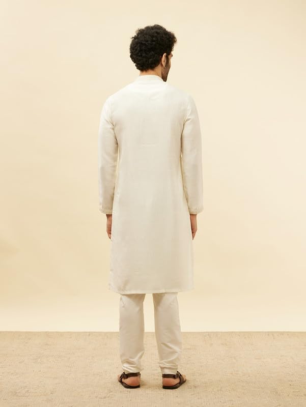 Manyavar Mens Warm White Art Silk Printed Kurta Pyjama Set