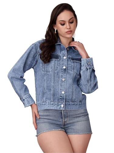 Miss Chase WomenS Collared Full Sleeve Solid Classic Denim Jacket (Mcaw24Den05-93-158-05, Light Blue, L)