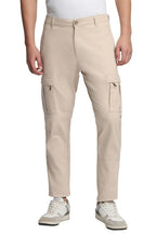 Dennis Lingo Mens Solid Cotton Lycra Mid Rise Slim Fit Cargo Trousers Cream