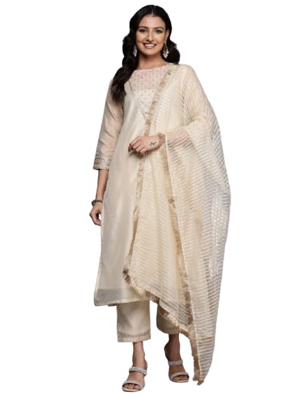 Varanga Women Zari Embroidered And Sequence Embellished With Organza Detailed Kurta With Bottom And Dupatta