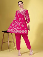 Womanista WomenS Pure Cotton Solid Regular Embroidered Co-Ord Set 9136_Fuchsia