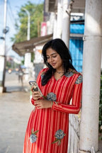 ANNI DESIGNER Womens Rayon Viscose Floral Straight Kurta with Pant (GADUGI RED Small)