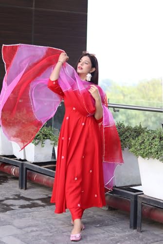 ANNI DESIGNER Womens Cotton Blend Anarkali Floral Embroidered Kurta with Pant & Dupatta