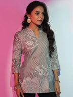 Libas WomenS Linen Floral Straight Kurti (58166_Off White
