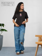 The Souled Store Inside Out: Fight Me Women and Girls Short Sleeves Round Neck Brown Embroidered Cotton Relaxed Fit T-Shirts