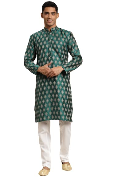 SOJANYA (Since 1958 Mens Silk Blend Dark Green & Gold Booti Jacquard ONLY Long Kurta
