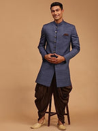 Vastramay MenS Navy Blue Silk Blend Sherwani Set | Imported Fabric Designer Indowestern And Pant Style Pyjama