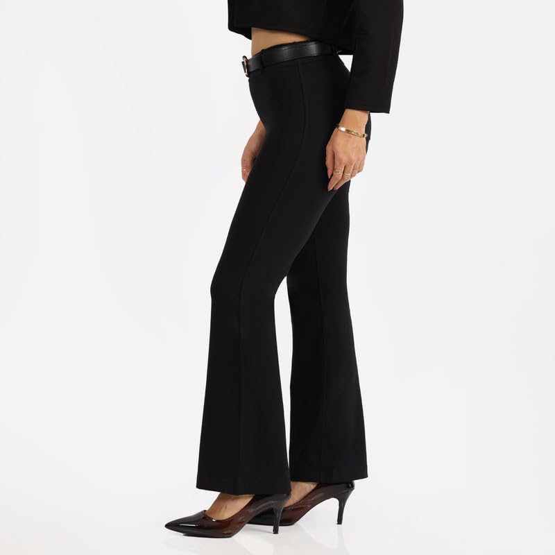 BlissClub AM:PM Cotton Flare Pants - Lite,Regular Below 54, Cotton Pants, Belt Buckles, Classic Patch Pockets, High Waist