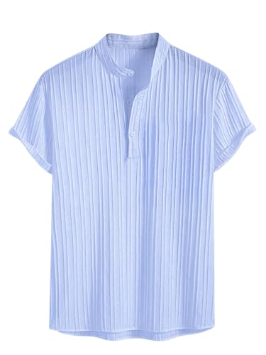 Greciilooks Poly Cotton Solid For Casual Stylish Textured Regular Fit | Men Ribbed Half Sleeve Shirt (Gl-Ms-6250_Blue, Large