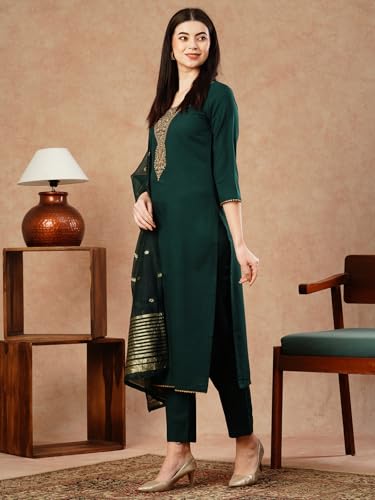 ANNI DESIGNER Womens Cotton Blend Straight Embroidered Kurta with Pant & Dupatta (Kanimoj Green_L_Green_Large)