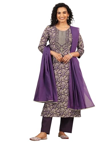 Libas Womens Yoke Design Cotton Straight Kurta With Trousers And Dupatta