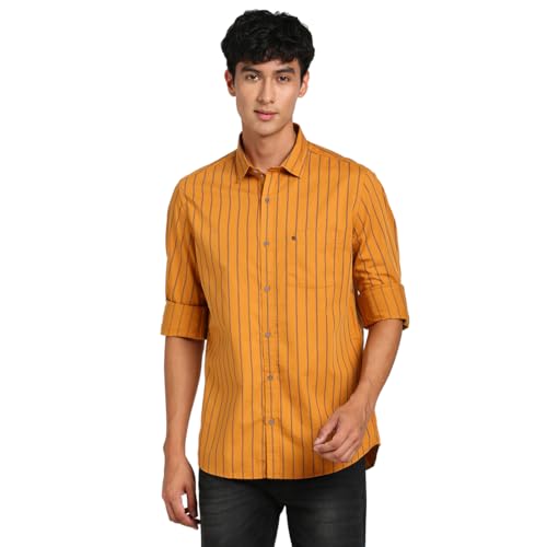 Turtle Men 100% Cotton Slim Fit Yellow Stripe Casual Shirt