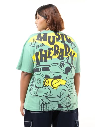 Bewakoof Womens Graphic Print Oversized Fit Half Sleeve Round Neck Pure Cotton Plus Size T-Shirt_636810_Green_5XL