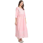 Anubhutee Women Pink Floral Yoke Design Pleated Pure Cotton A-Line Kurta Suit Set With Pants