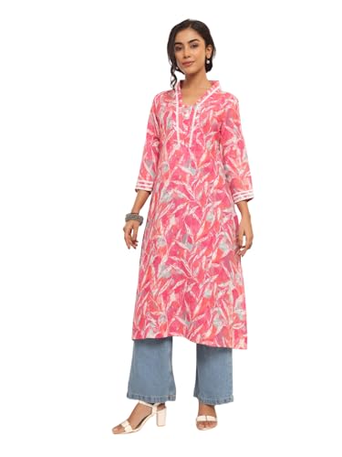 Varanga Women V-Neck Tropical Printed Kurta  Stylish, Comfortable, And Perfect For Relaxed And Casual Looks Pink