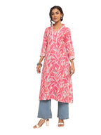 Varanga Women V-Neck Tropical Printed Kurta  Stylish, Comfortable, And Perfect For Relaxed And Casual Looks Pink