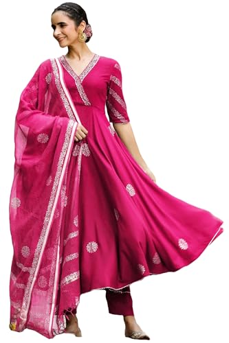 ANNI DESIGNER Womens Rayon Blend Anarkali Printed Kurta with Pant & Dupatta (Berlin Pink_L_Pink_Large)