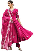 ANNI DESIGNER Womens Rayon Blend Anarkali Printed Kurta with Pant & Dupatta (Berlin Pink_L_Pink_Large)