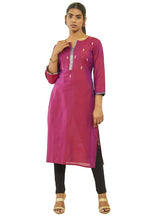 Soch Womens Magenta Silk Blend Embroidered Straight Kurta With Notched Neckline