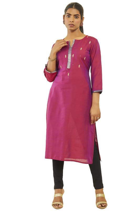 Soch Womens Magenta Silk Blend Embroidered Straight Kurta With Notched Neckline