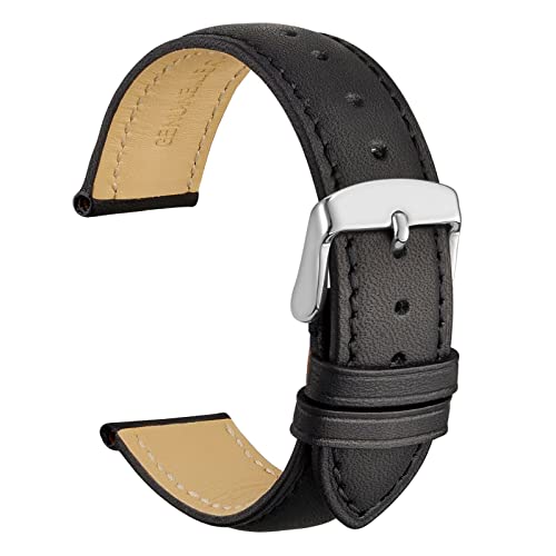 WOCCI 18mm Vintage Leather Watch Band for Men and Women, Silver Buckle (Black)