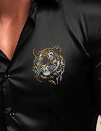 Indoprimo MenS Satin Stylish Club Wear Tiger Diamond Print Shirt Full Sleeve Black
