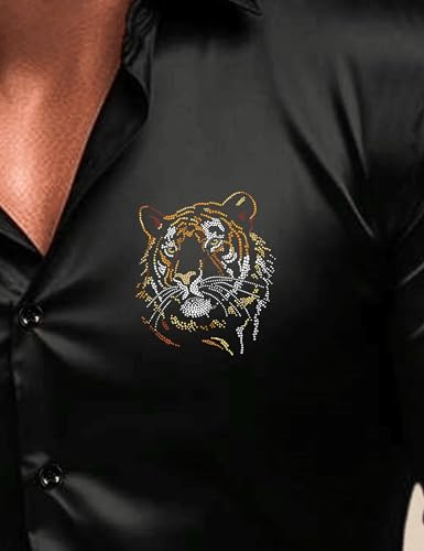 Indoprimo MenS Satin Stylish Club Wear Tiger Diamond Print Shirt Full Sleeve Black