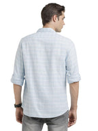 Turtle Men Cotton Linen Light Blue Check Slim Fit Casual Shirt