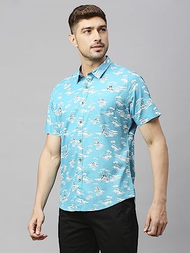Thomas Scott Mens Printed Slim Fit 100% Cotton Casual Shirt with Spread Collar and Half Sleeve
