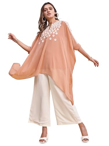 Womanista Womens Poly Georgette Solid Relaxed Tunic Shirt (Co-ords_9256_Peach