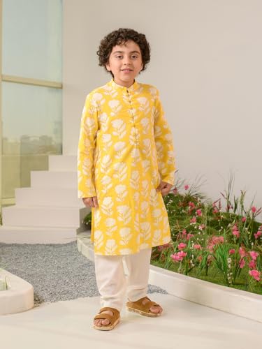Pspeaches Boys Floral Printed Pure Cotton Kurta With Pyjamas