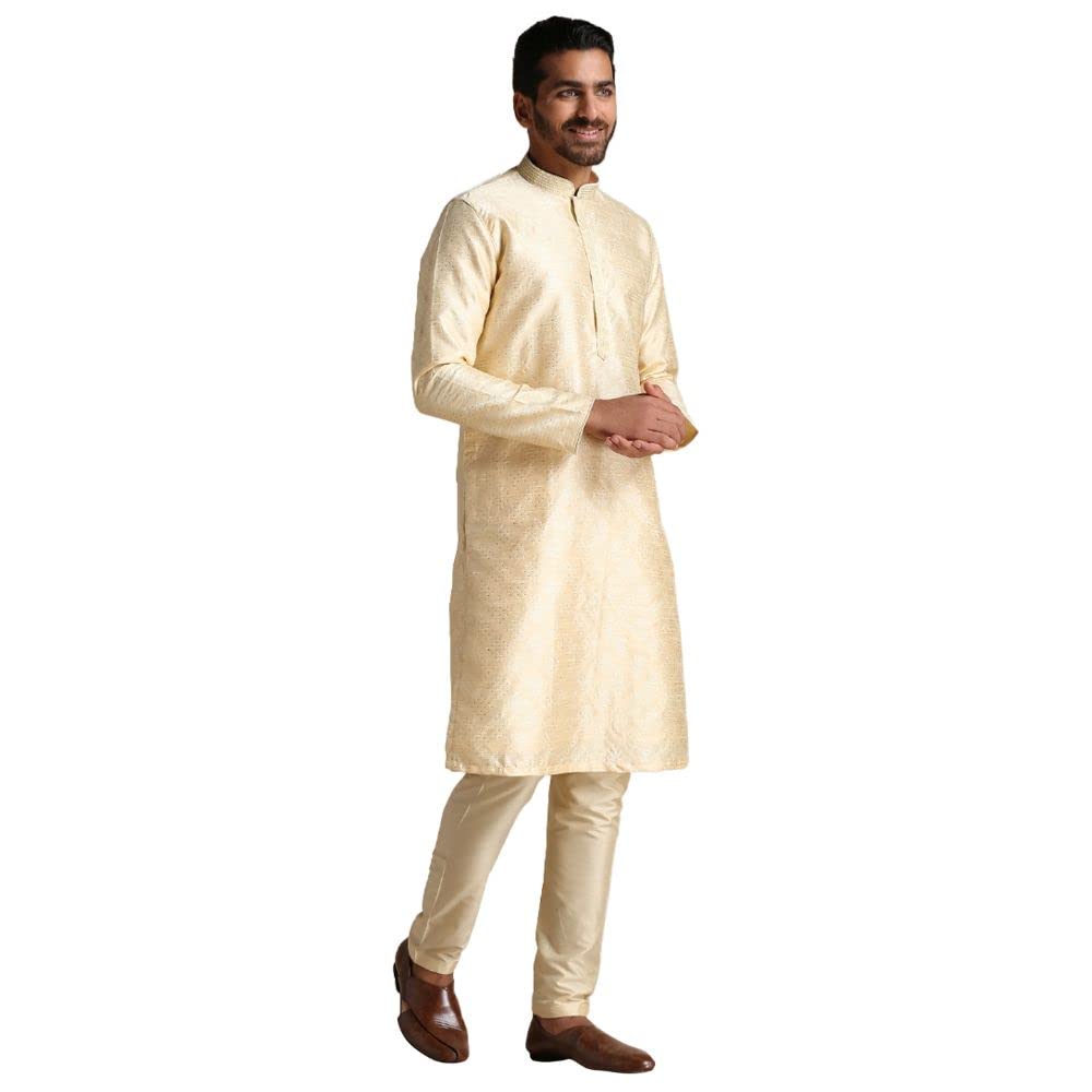 Manyavar Kurta Set for Men, Full Sleeves Mandarin Collar Ethnic Kurta Sets For Engagement, Wedding, Party Kurta Set Art Silk (Be