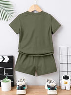 AVANOVA Boys Mehandi 2pcs Young Boy Loose Comfortable T-Shirt With Los Angeles Print And Shorts, Casual Cute Style Suitable For
